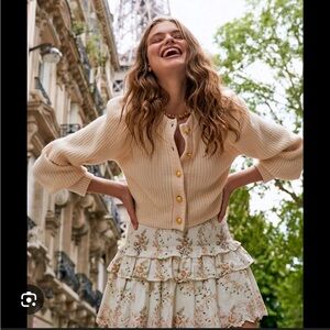 LoveShackFancy Cream Ribbed Robinson Cardigan with Gold Buttons XS